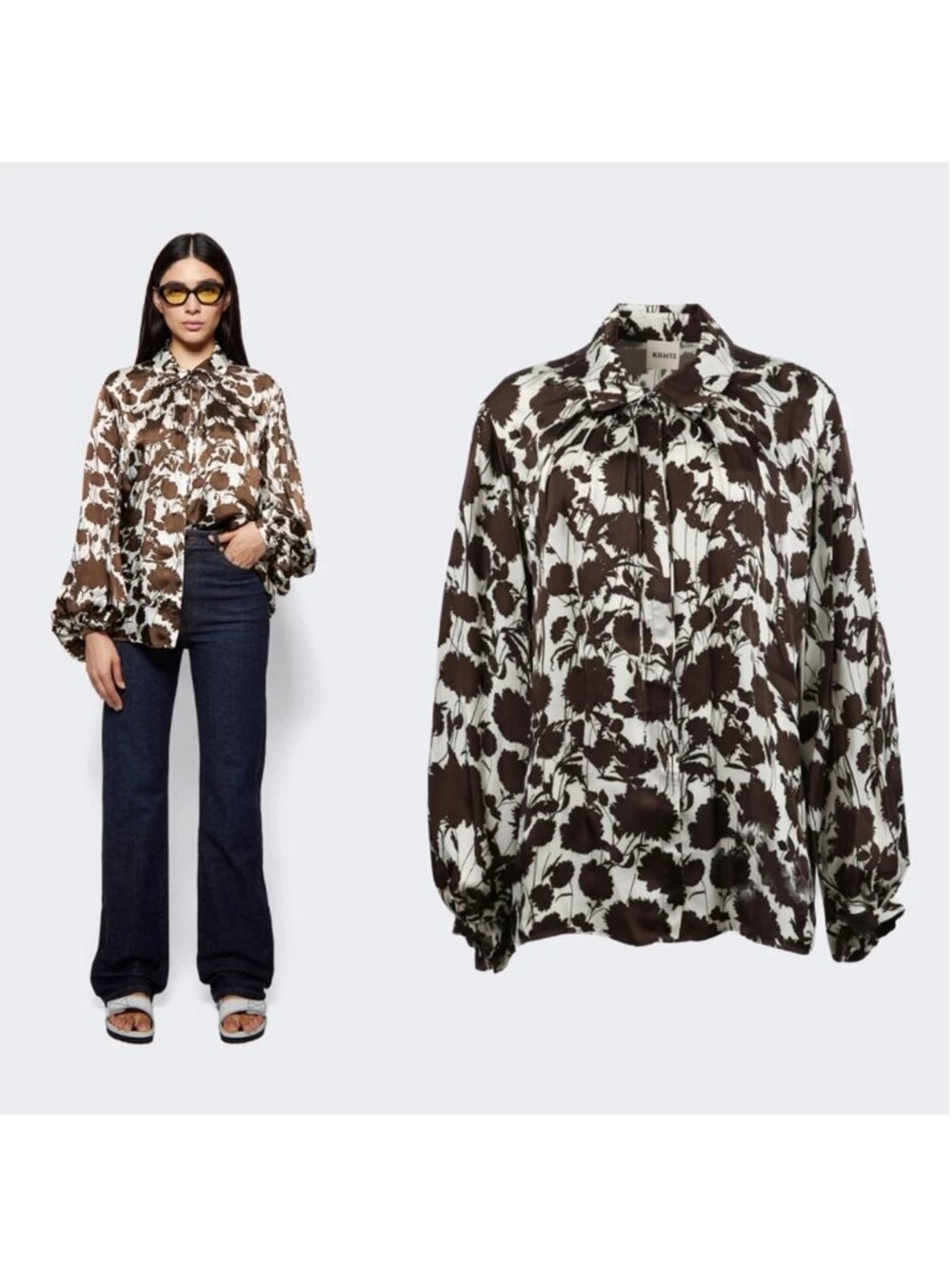 Khaite Frances Floral Cupro Brown White Shirt Size M